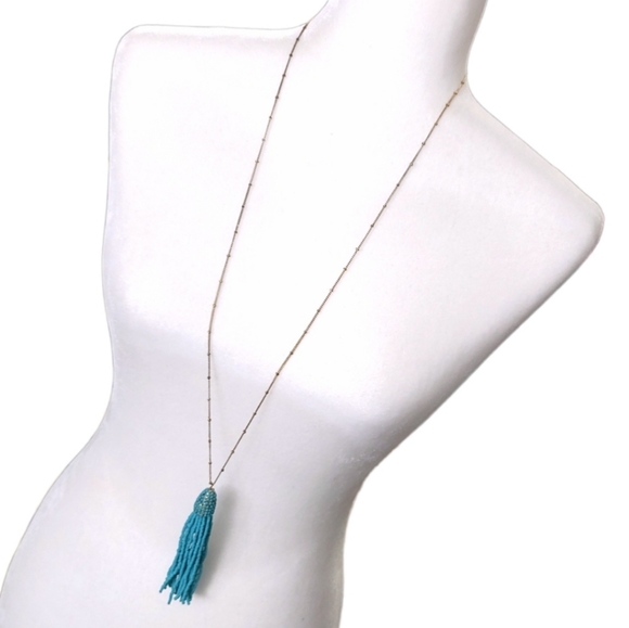 Charming Charlie Gold Blue Turquoise Beaded Fringe Pendant Statement Necklace - Picture 2 of 8